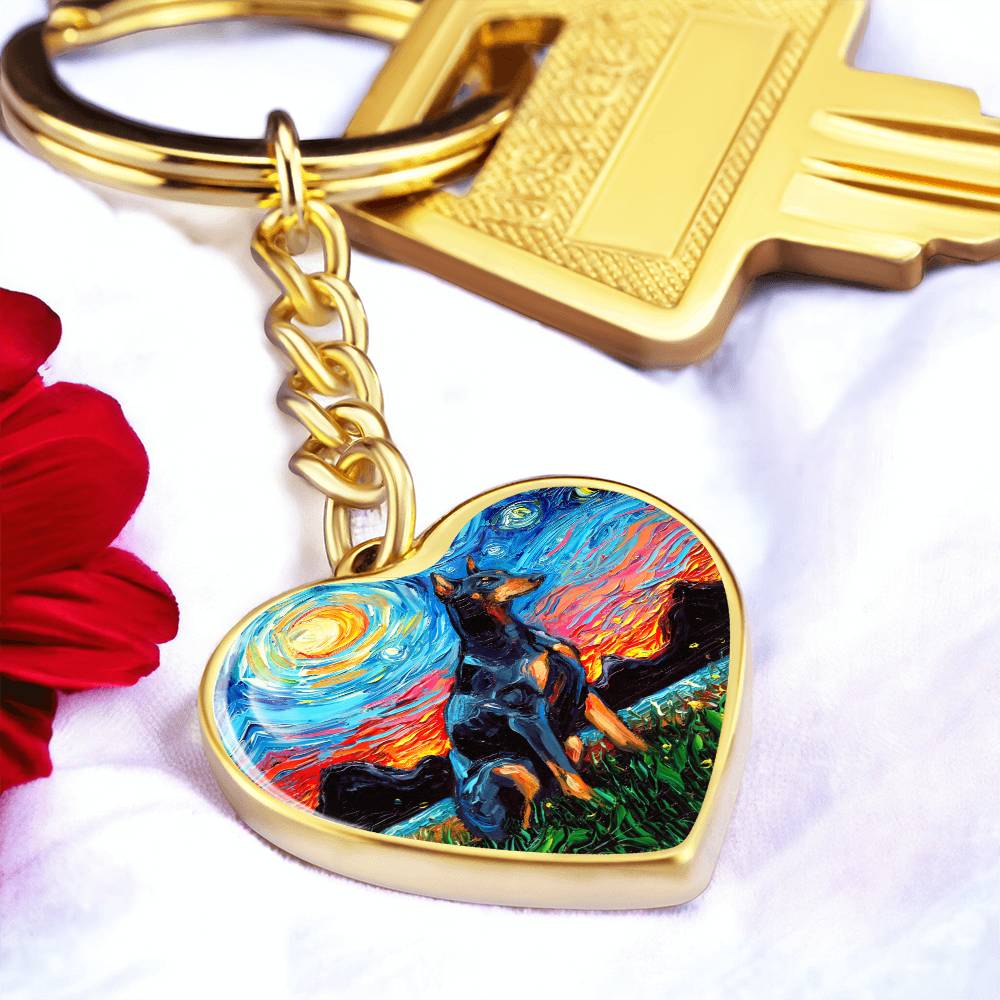 Doberman Pinscher Starry Night Heart Keychain