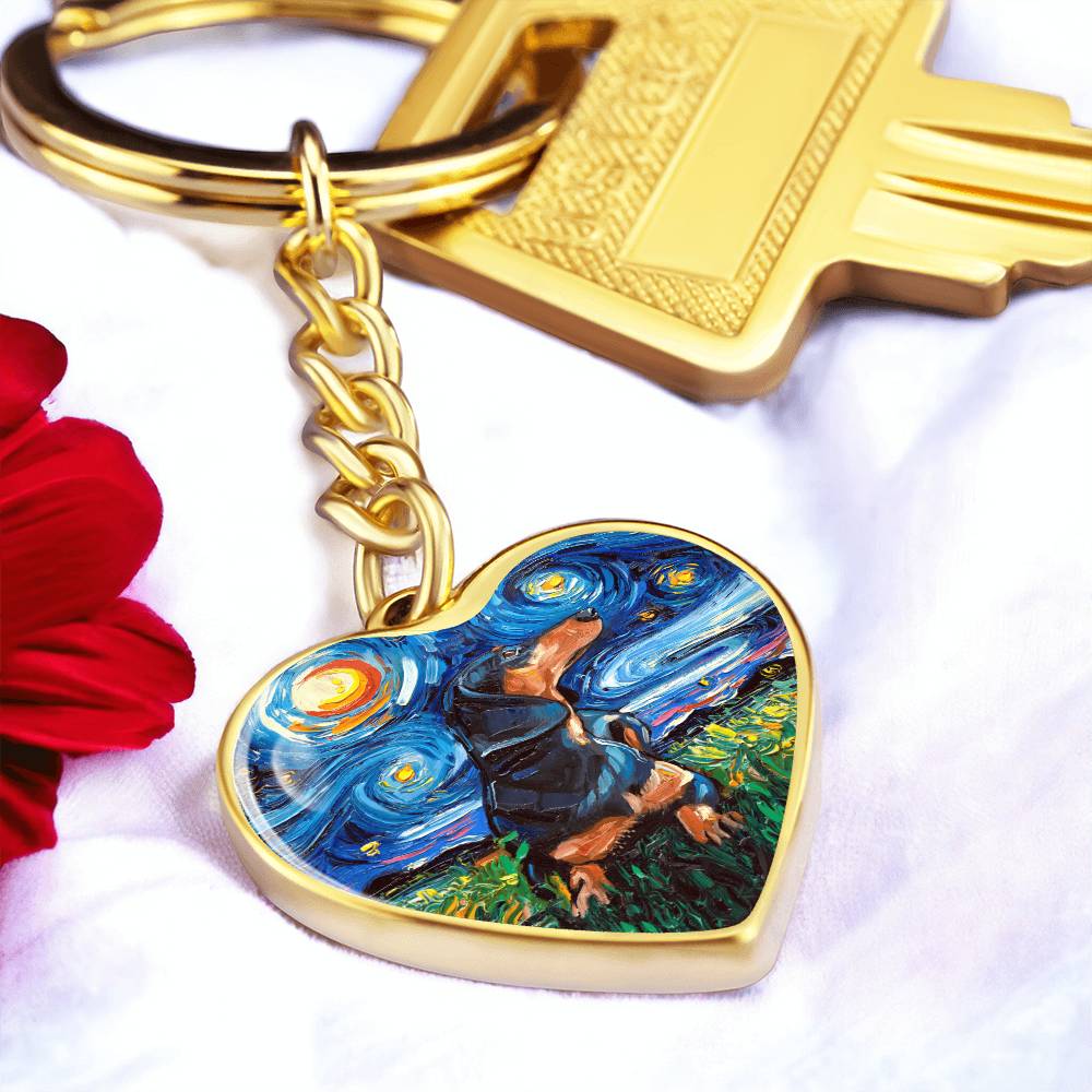 Black and Tan Dachshund Starry Night Heart Keychain