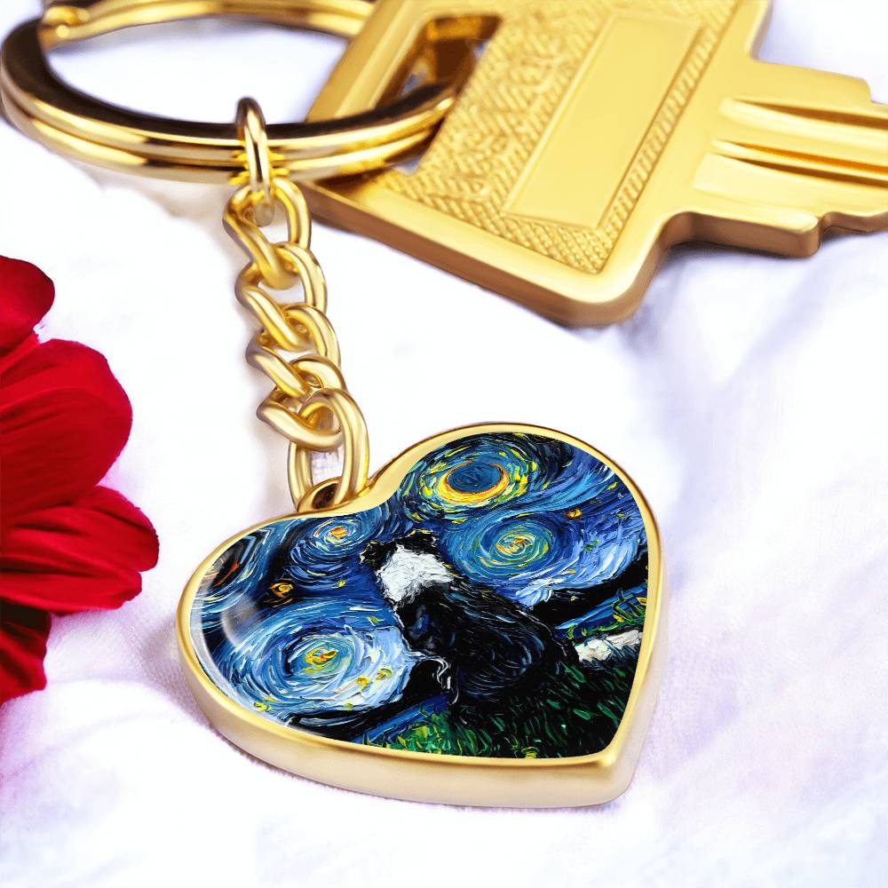 Border Collie Back Starry Night Heart Keychain