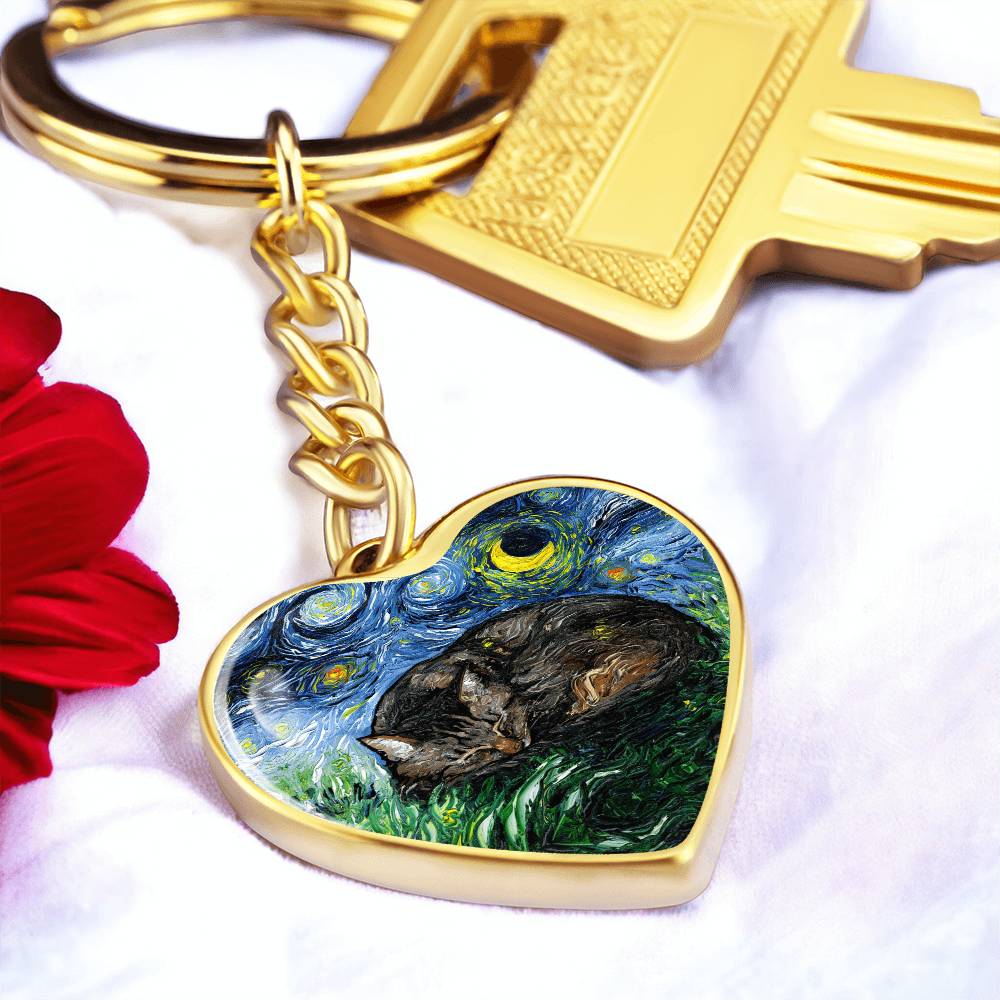 Sleeping Brown Tabby Starry Night Heart Keychain