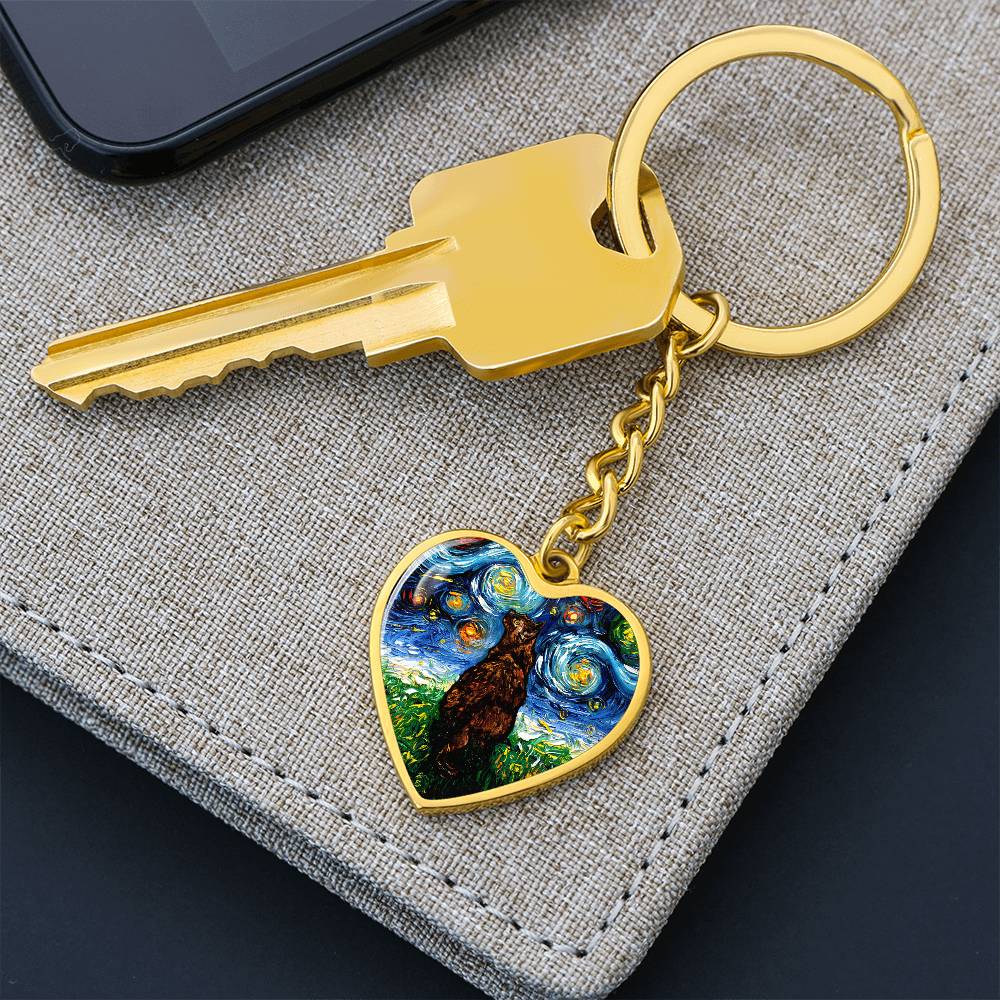 Tortoiseshell Cat Starry Night Heart Keychain