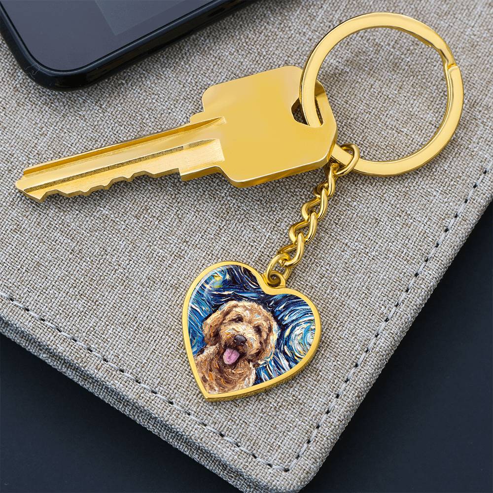 Goldendoodle Portrait Starry Night Heart Keychain