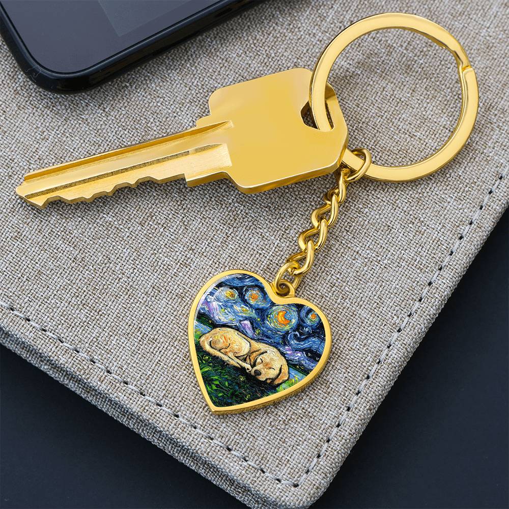 Sleeping Yellow Labrador Starry Night Heart Keychain