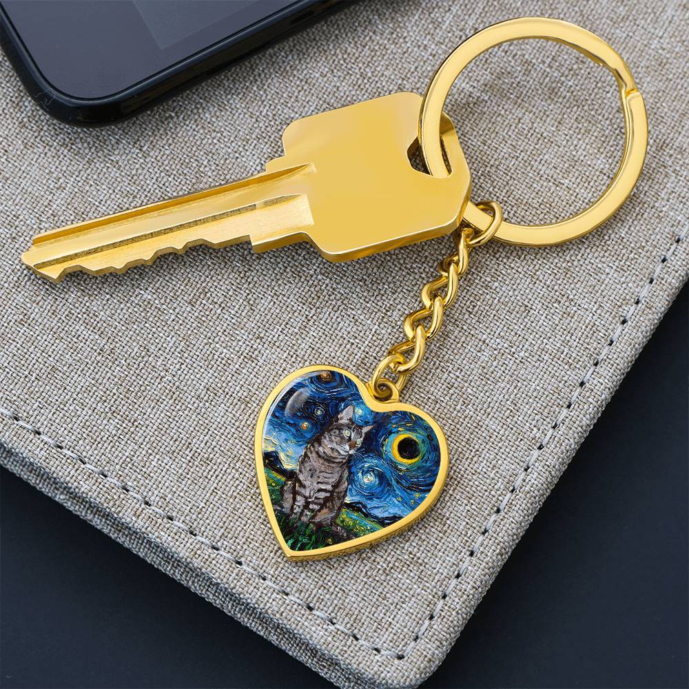 Tabby Cat Starry Night Heart Keychain
