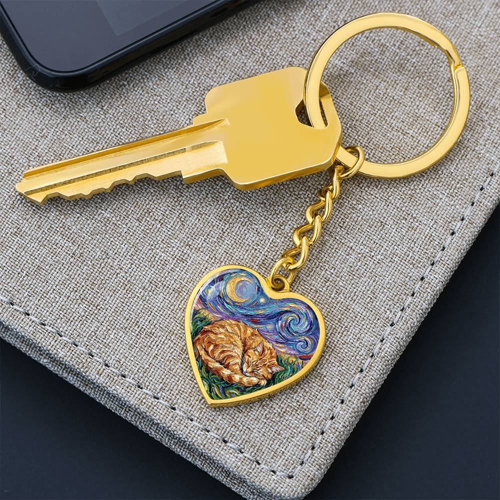 Sleepy Orange Tabby Night Heart Keychain
