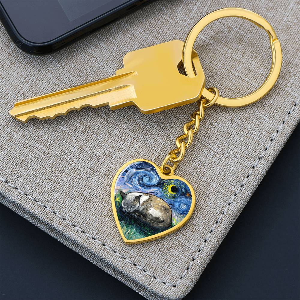 Sleeping Siamese Cat Starry Night Heart Keychain