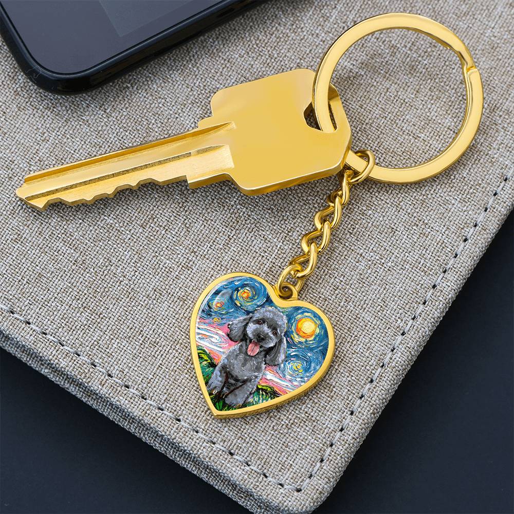 Silver Poodle Starry Night Heart Keychain