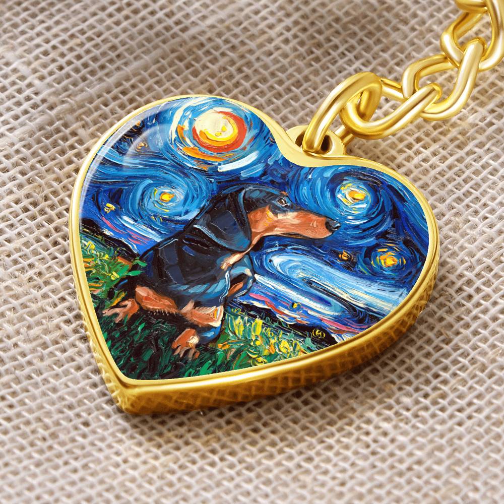Black and Tan Dachshund Starry Night Heart Keychain