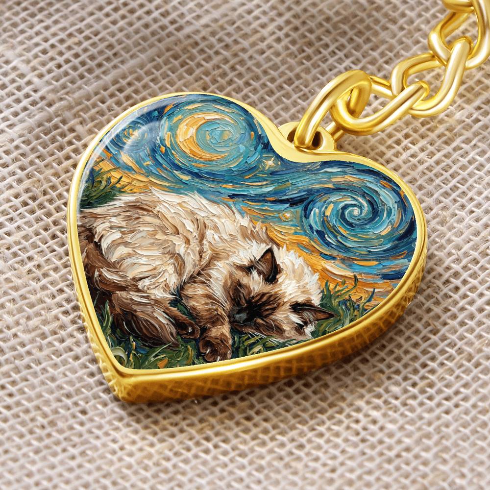 Sleepy Birman Night Heart Keychain