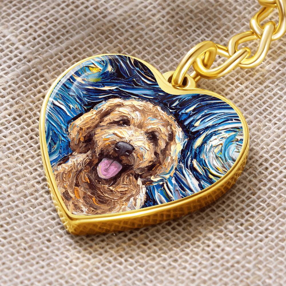 Goldendoodle Portrait Starry Night Heart Keychain