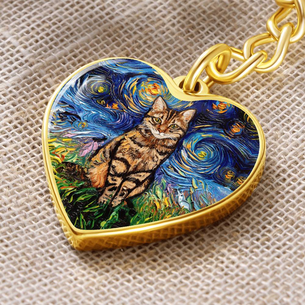 Brown Tabby Starry Night Heart Keychain