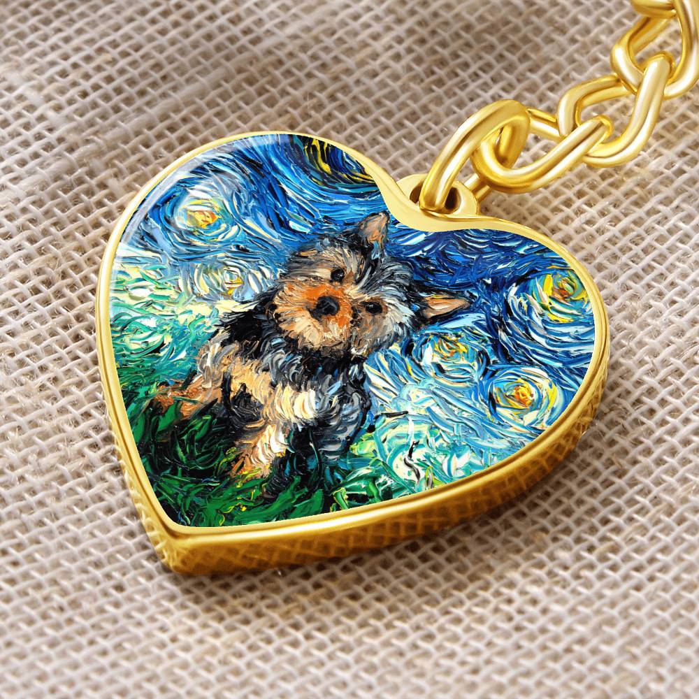 Yorkshire Terrier Starry Night Heart Keychain