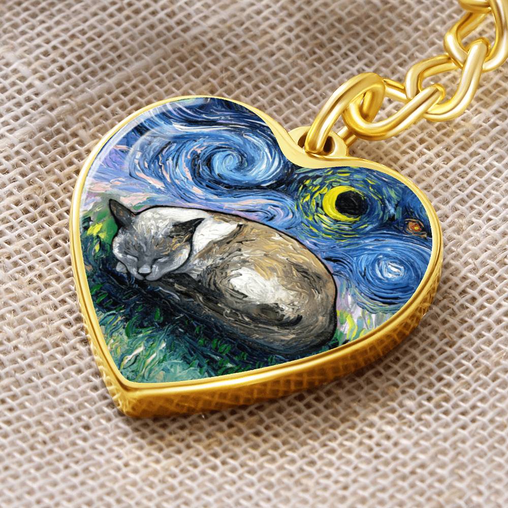 Sleeping Siamese Cat Starry Night Heart Keychain