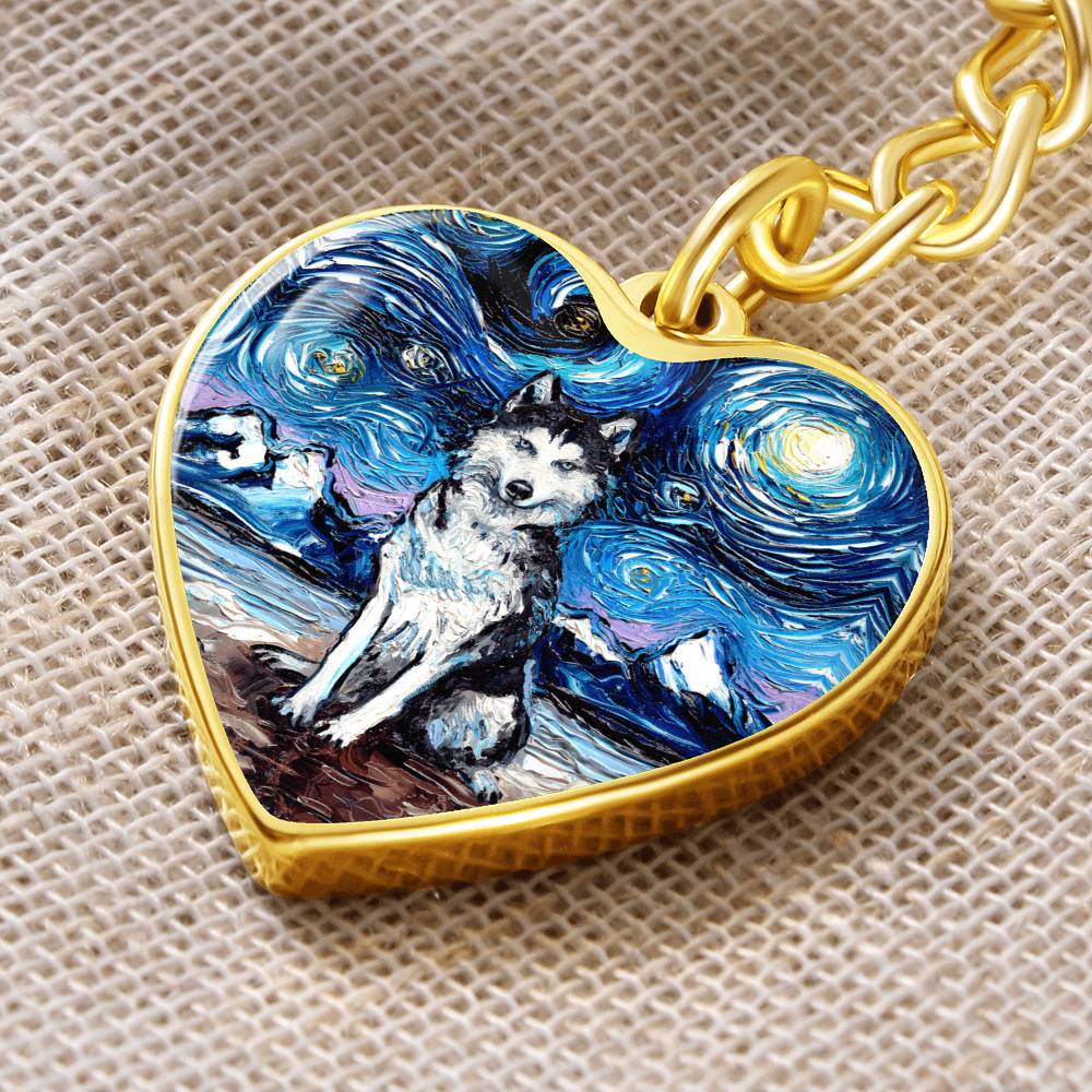 Husky Starry Night Heart Keychain