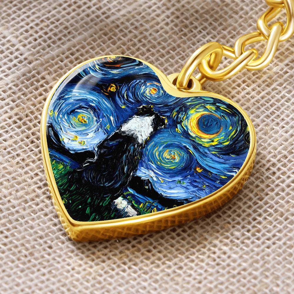 Border Collie Back Starry Night Heart Keychain
