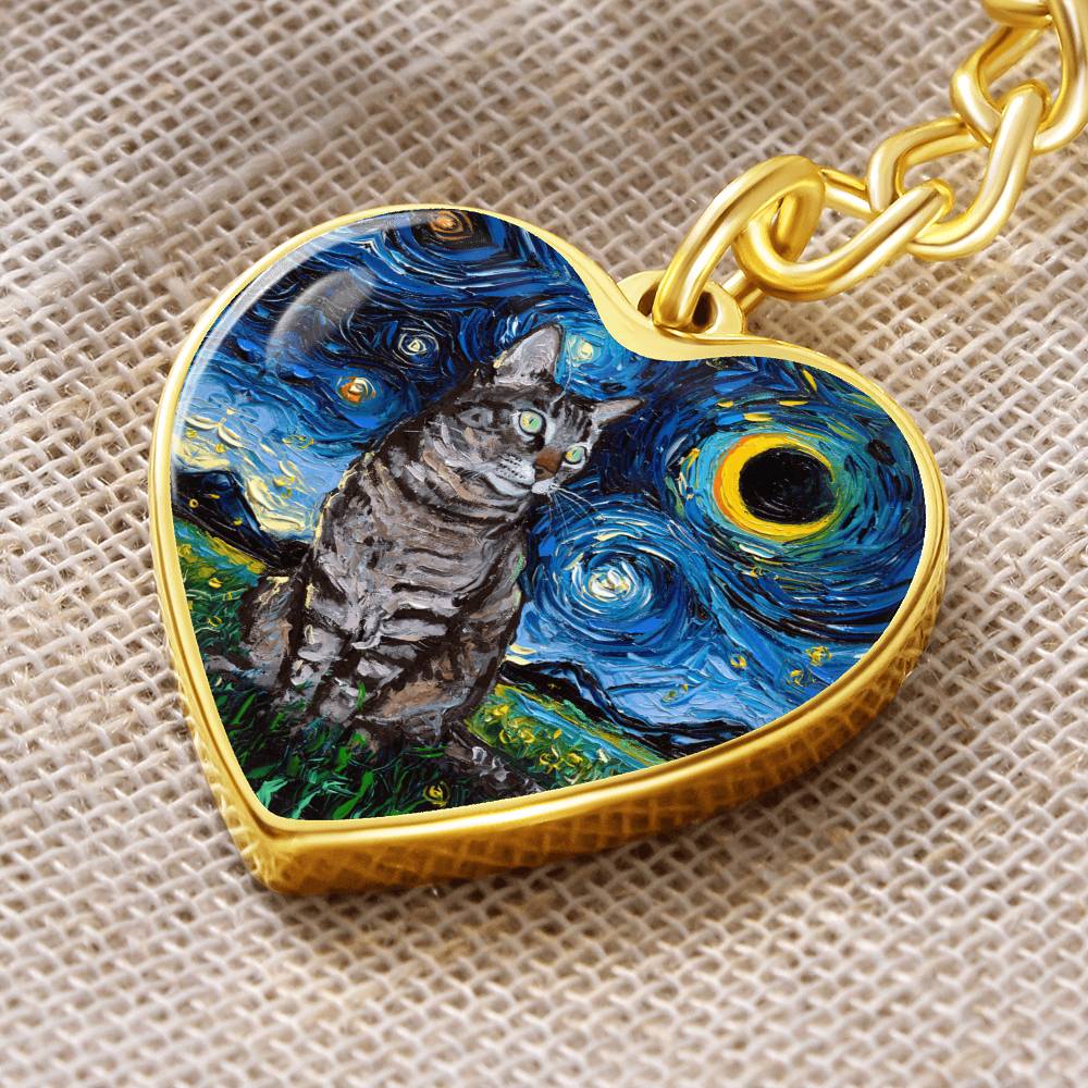 Tabby Cat Starry Night Heart Keychain
