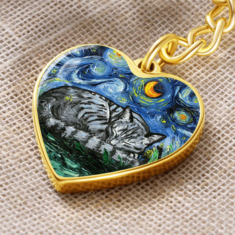 Sleeping Gray Tabby Starry Night Heart Keychain