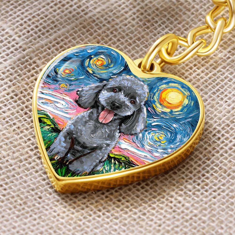 Silver Poodle Starry Night Heart Keychain