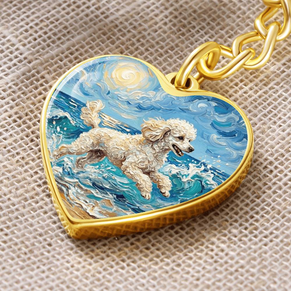 Beach Day - White Toy Poodle Heart Keychain