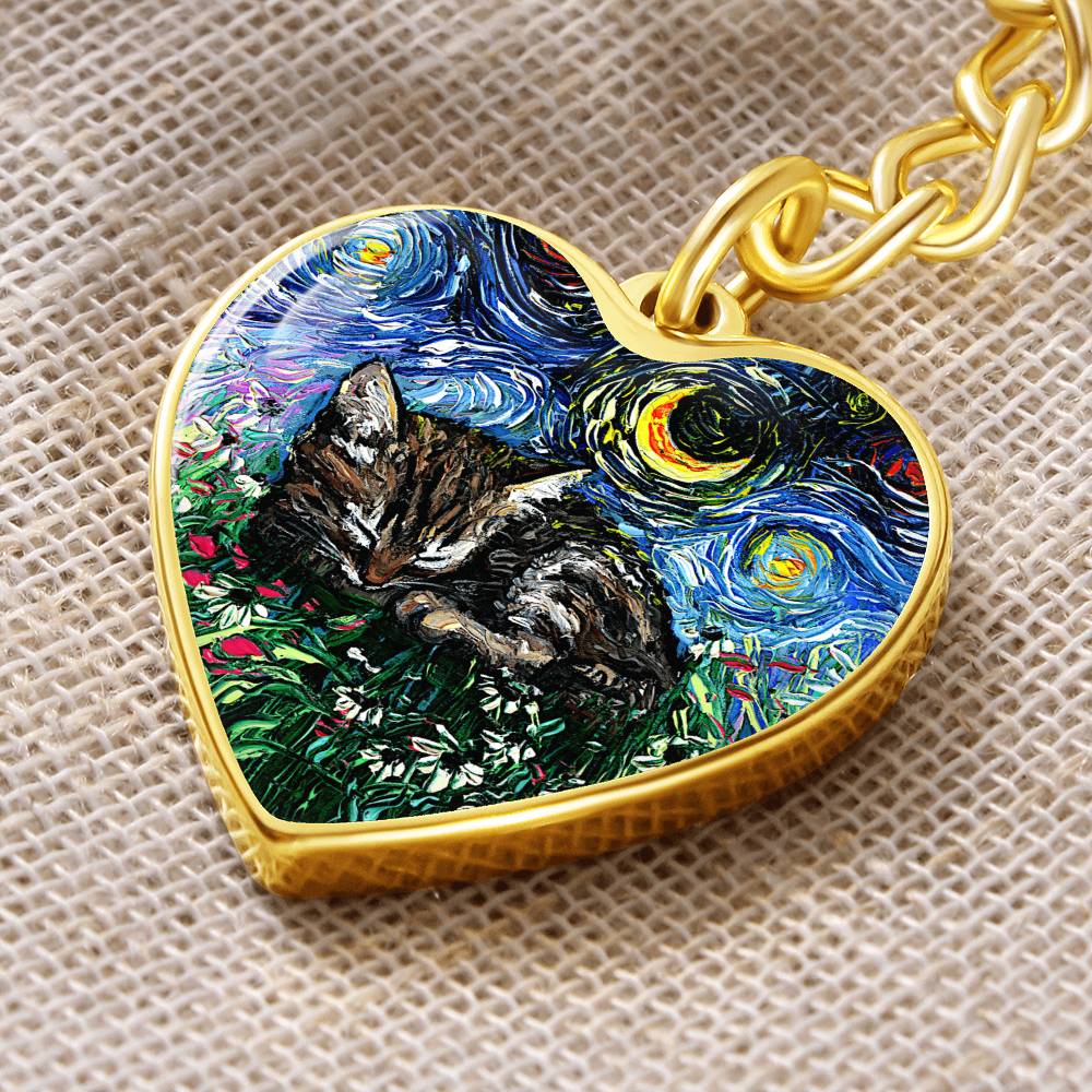 Tabby Kitten Starry Night Heart Keychain