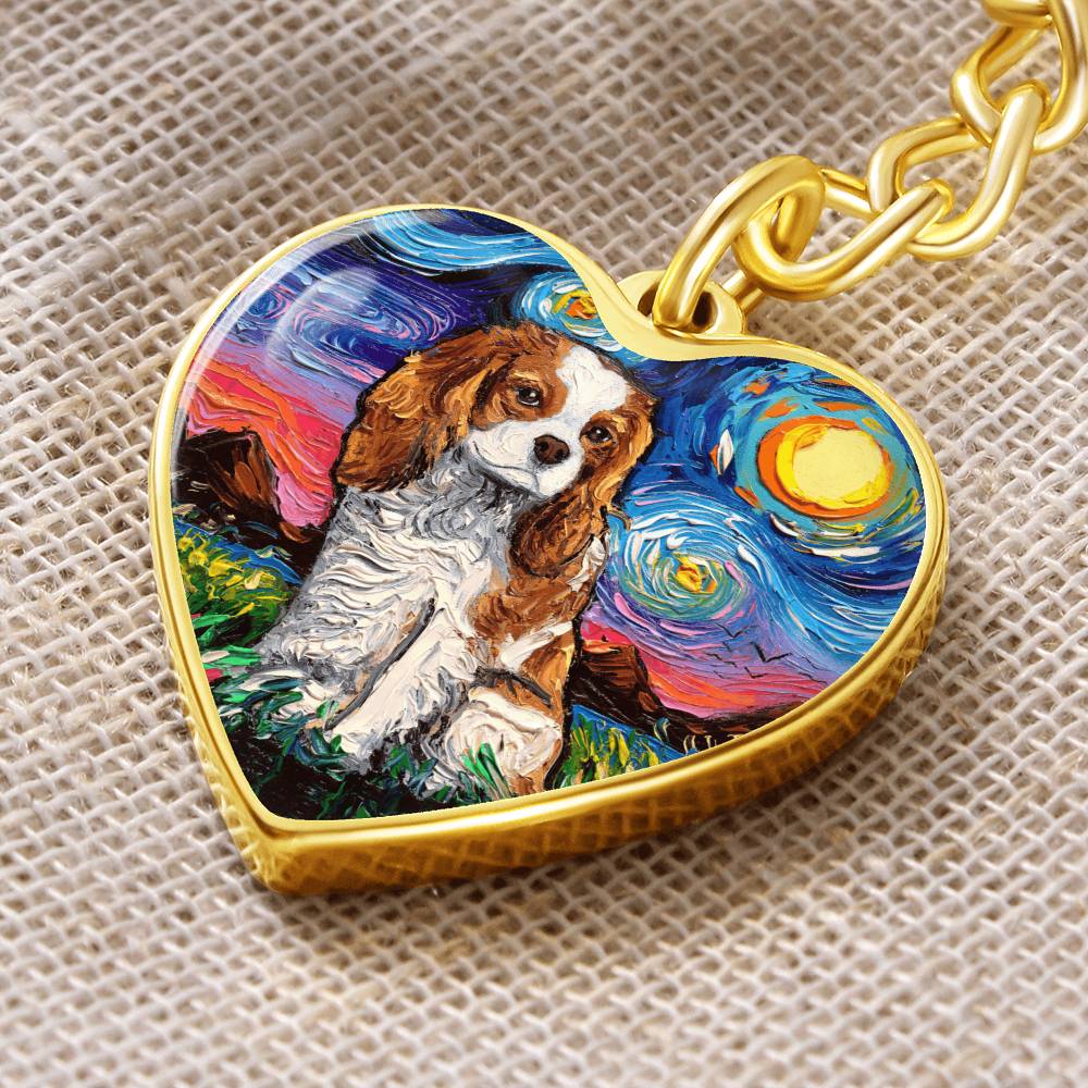 Blenheim Spaniel Starry Night Heart Keychain