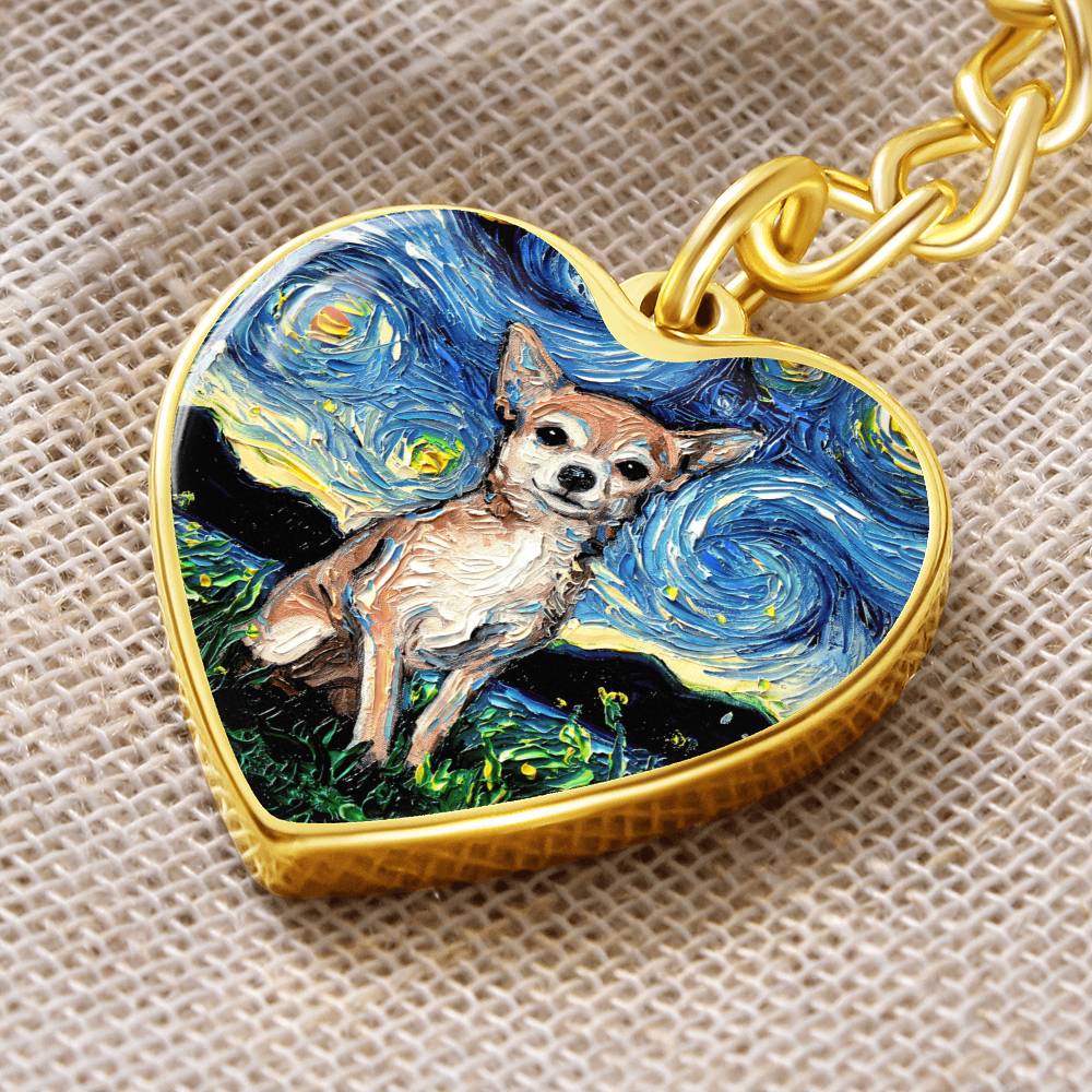Chihuahua Starry Night Heart Keychain