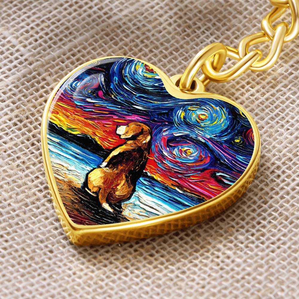 Beagle Beach Starry Night Heart Keychain