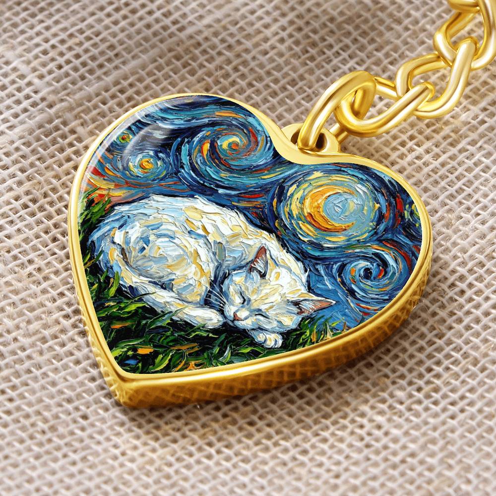 Sleepy White Cat Night Heart Keychain
