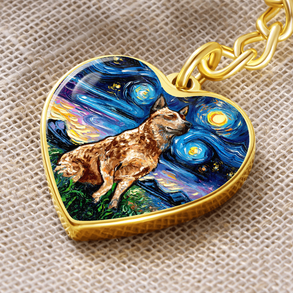 Red Heeler Starry Night Heart Keychain