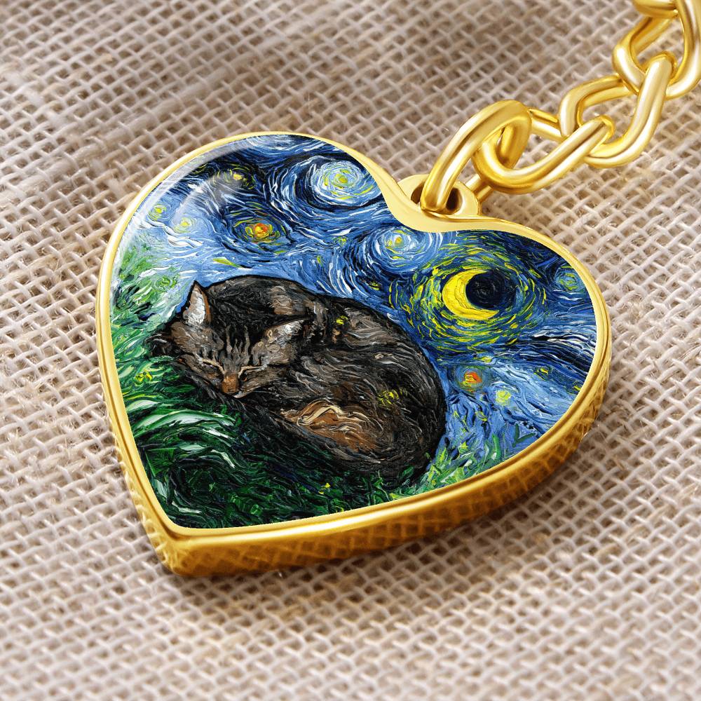 Sleeping Brown Tabby Starry Night Heart Keychain