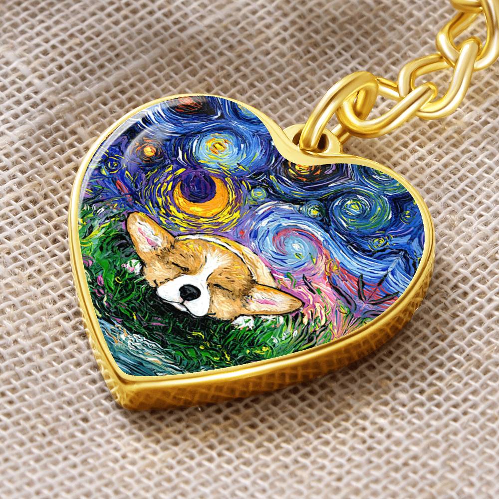 Sleeping Corgi Starry Night Heart Keychain
