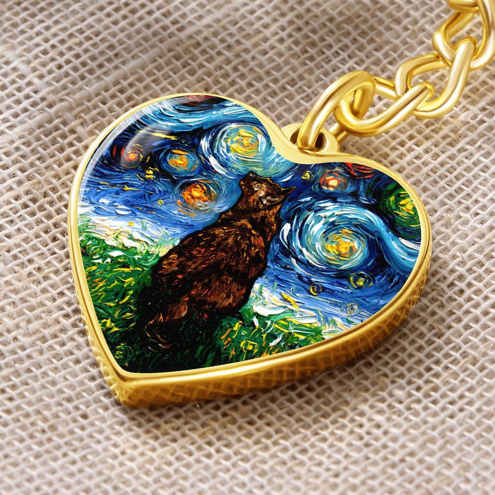 Tortoiseshell Cat Starry Night Heart Keychain
