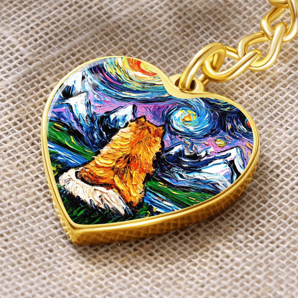 Pomeranian Back Starry Night Heart Keychain