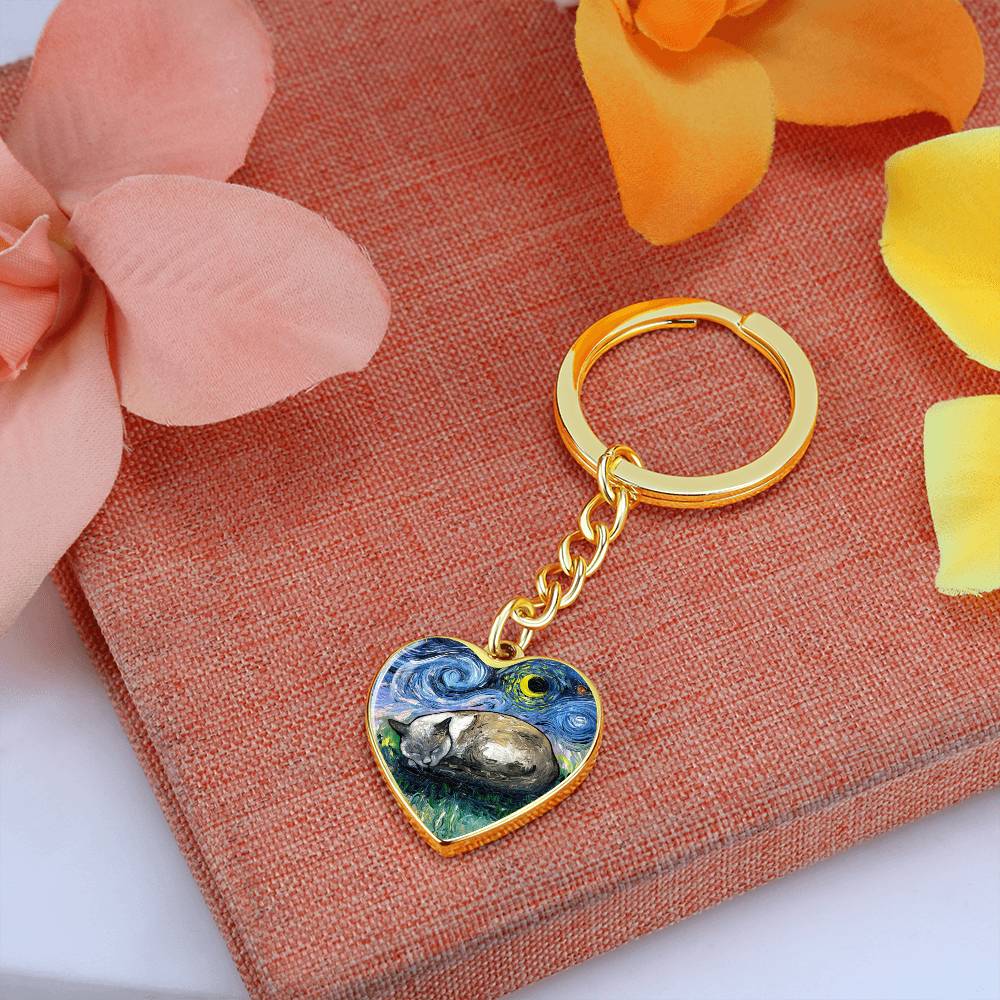 Sleeping Siamese Cat Starry Night Heart Keychain