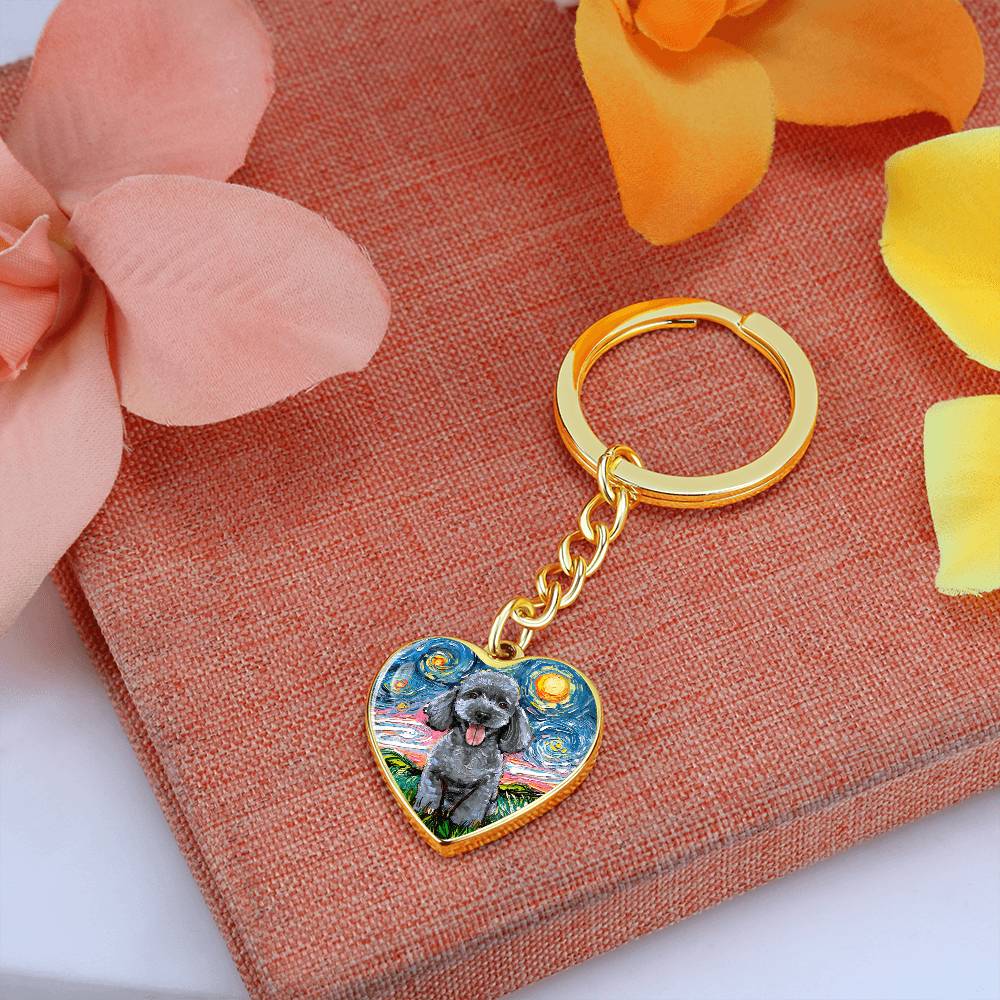 Silver Poodle Starry Night Heart Keychain