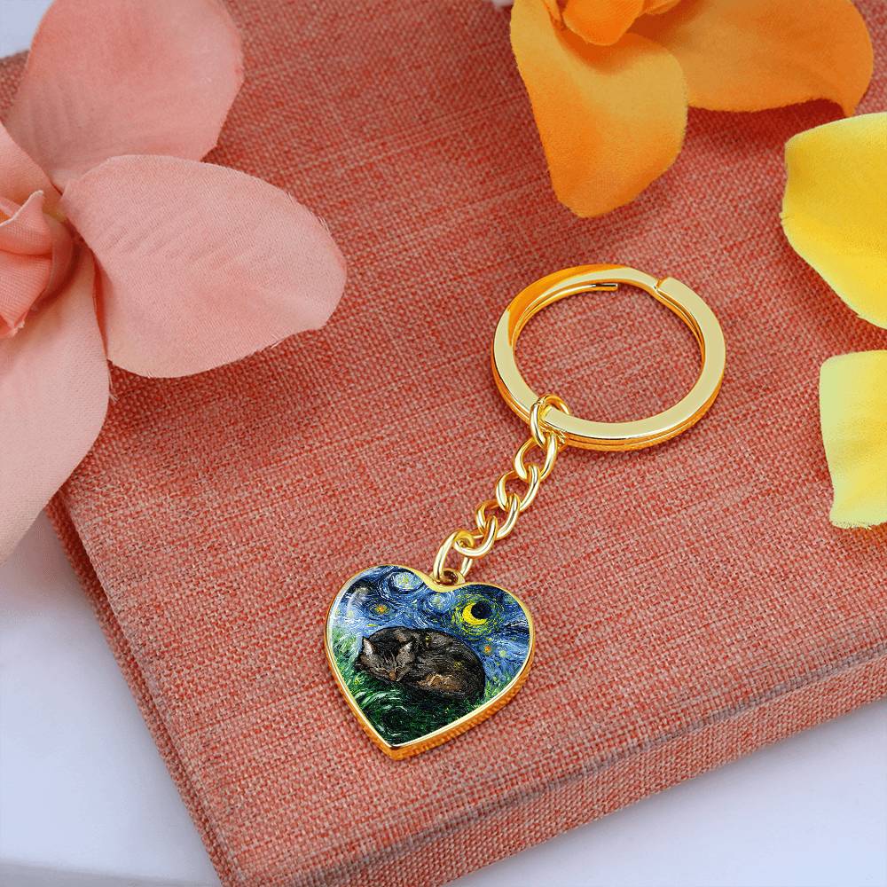 Sleeping Brown Tabby Starry Night Heart Keychain