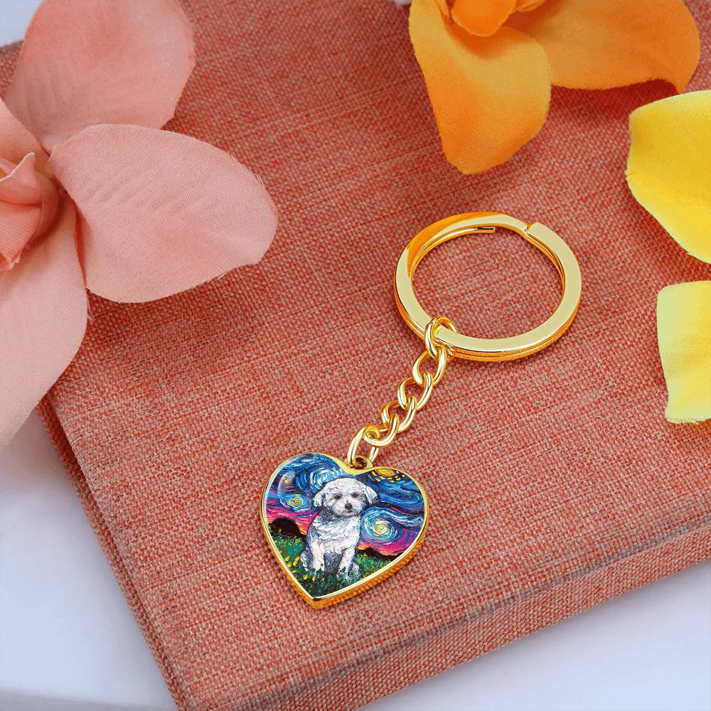 Maltese Starry Night Heart Keychain