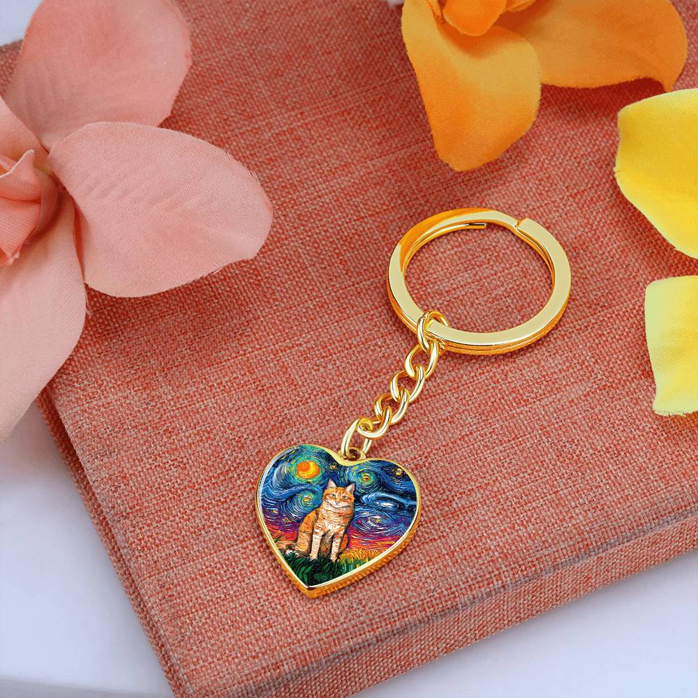 Orange Tabby Cat Starry Night Heart Keychain