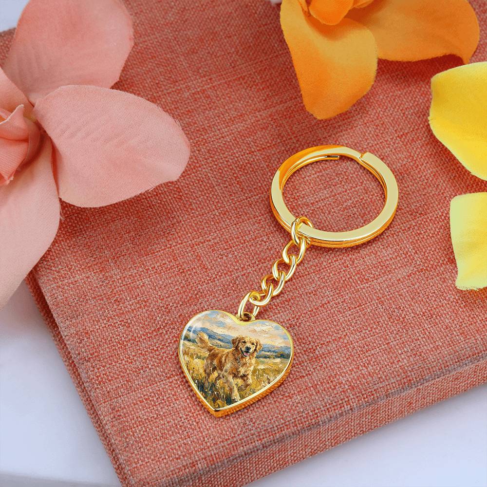 Happy Golden Retriever Heart Keychain
