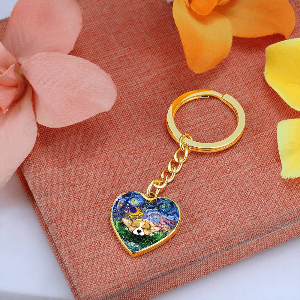 Sleeping Corgi Starry Night Heart Keychain