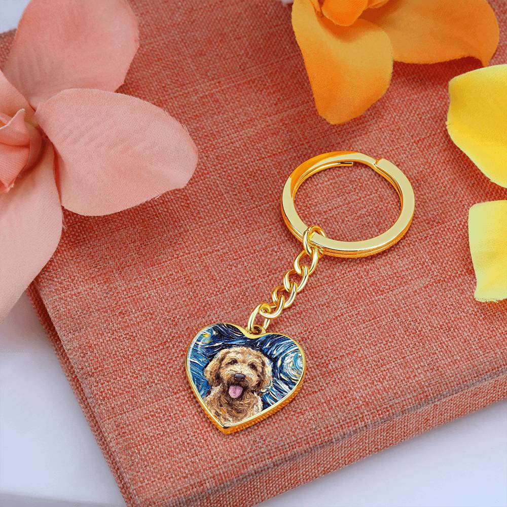 Goldendoodle Portrait Starry Night Heart Keychain
