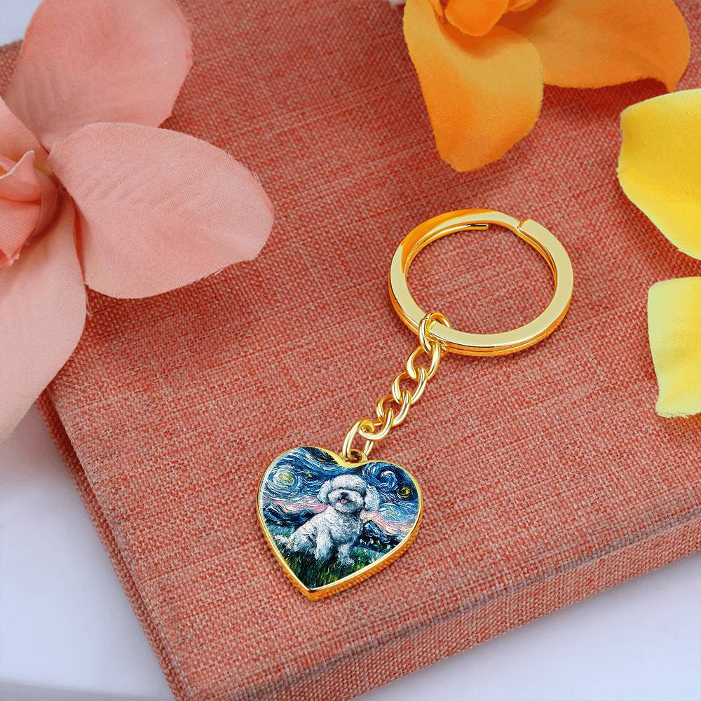 Bichon Frise Starry Night Heart Keychain