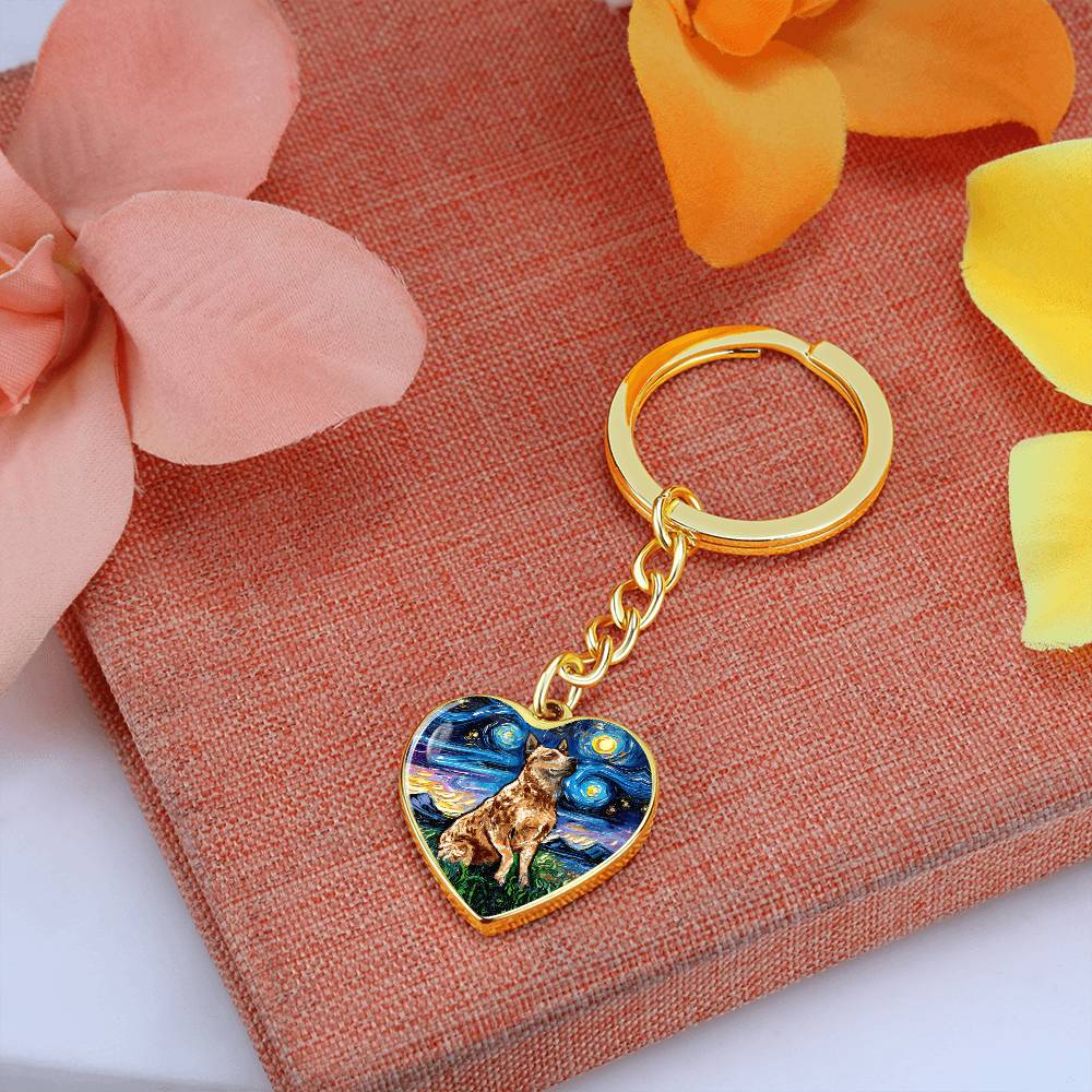 Red Heeler Starry Night Heart Keychain
