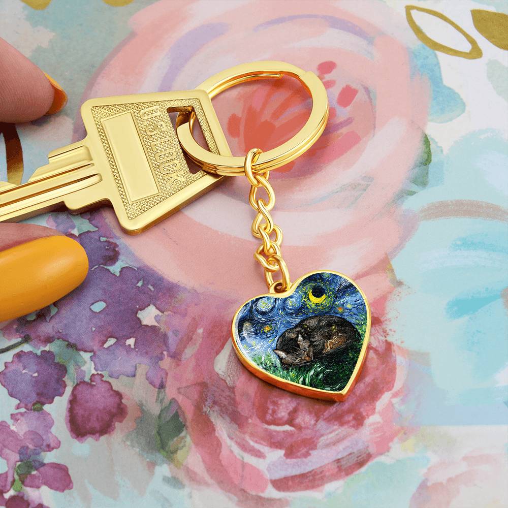 Sleeping Brown Tabby Starry Night Heart Keychain