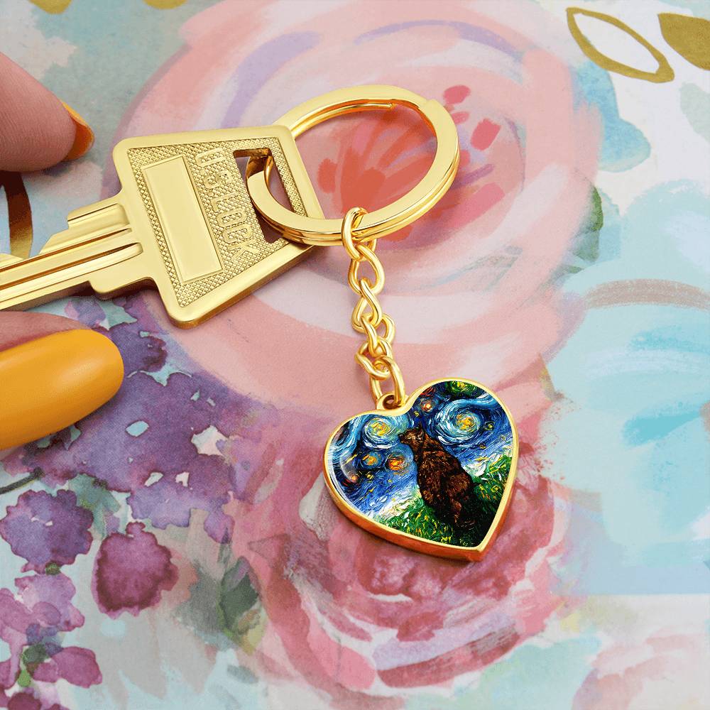Tortoiseshell Cat Starry Night Heart Keychain