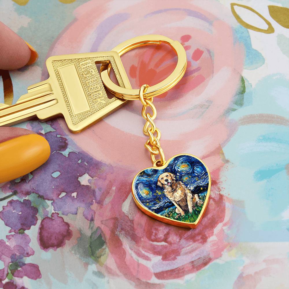 Golden Retriever Starry Night Heart Keychain