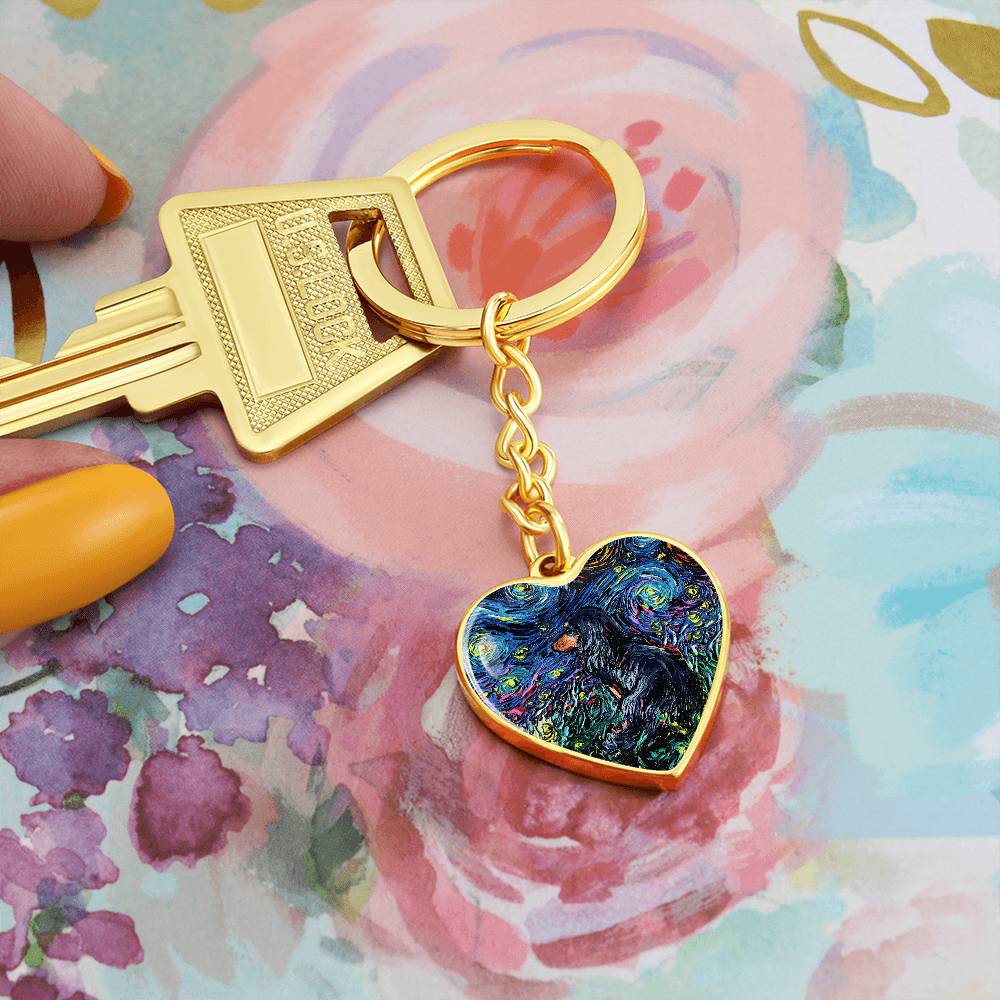 Long Hair Black and Tan Dachshund Starry Night Heart Keychain