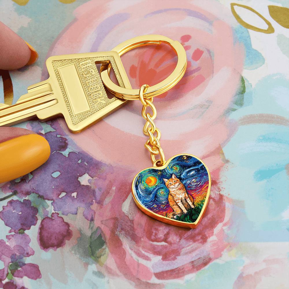 Orange Tabby Cat Starry Night Heart Keychain