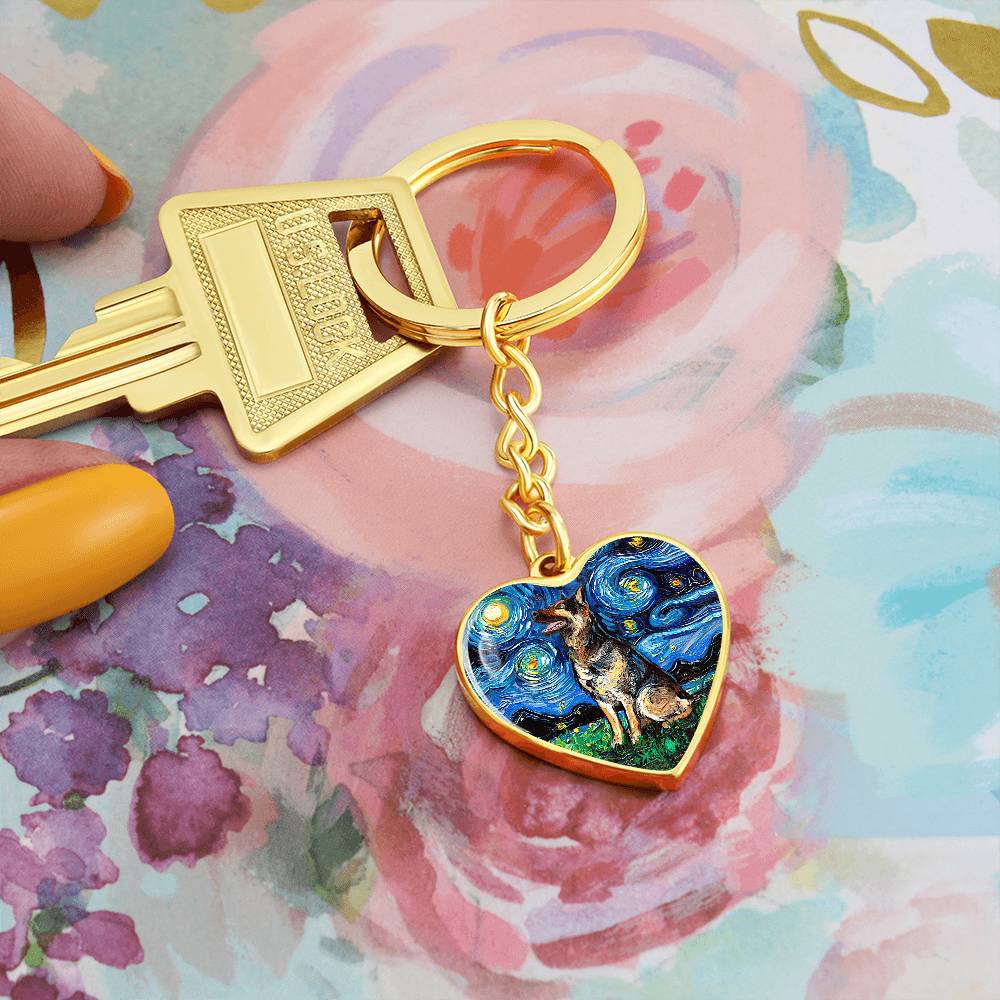 German Shepherd Starry Night Heart Keychain