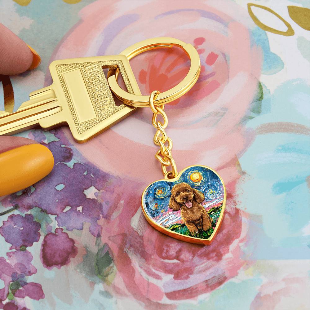 Apricot Poodle Puppy Starry Night Heart Keychain